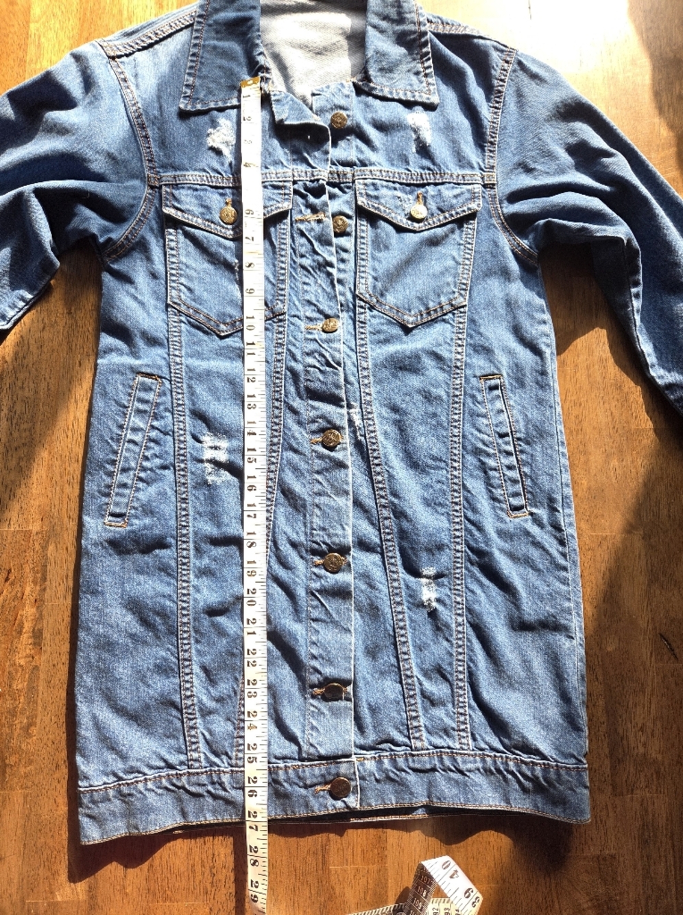 Long Slim Fit, Lightly Distressed Denim Jacket - Picture 6 of 8